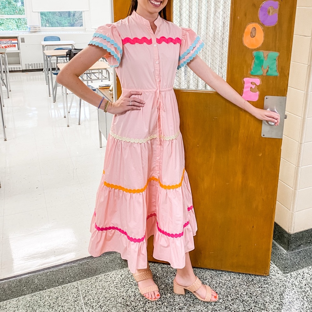CeliaB Pink Maxi Dress with Multicolor Rickrack Trim